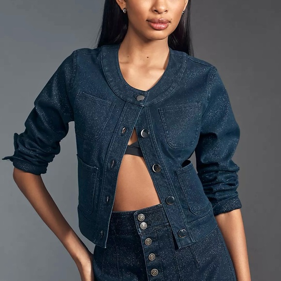 Anthropologie Maeve Cora Patch Pocket Jacket Sparkle Denim Edition - Picture 5 of 12